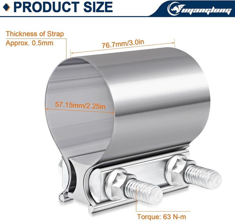 ouyanglong 2.25 Inch Exhaust Clamp, 2 1/4" Butt Joint Band Clamp Stainless Steel Sleeve Coupler for Pipes,Mufflers,Catalytic Converters - 2 Pack - Image 2